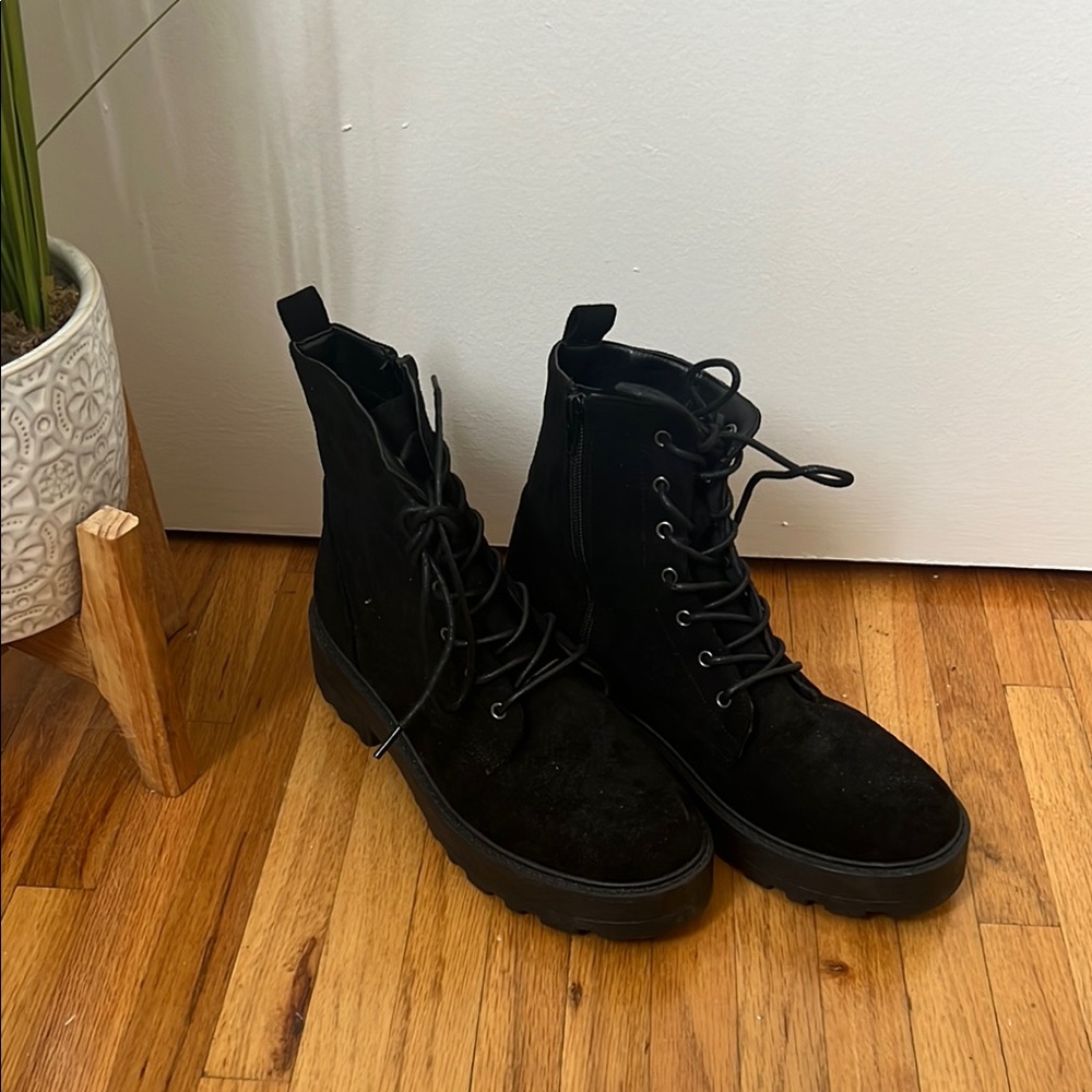 Black Suede Festival Style Lace-Up Combat Boots